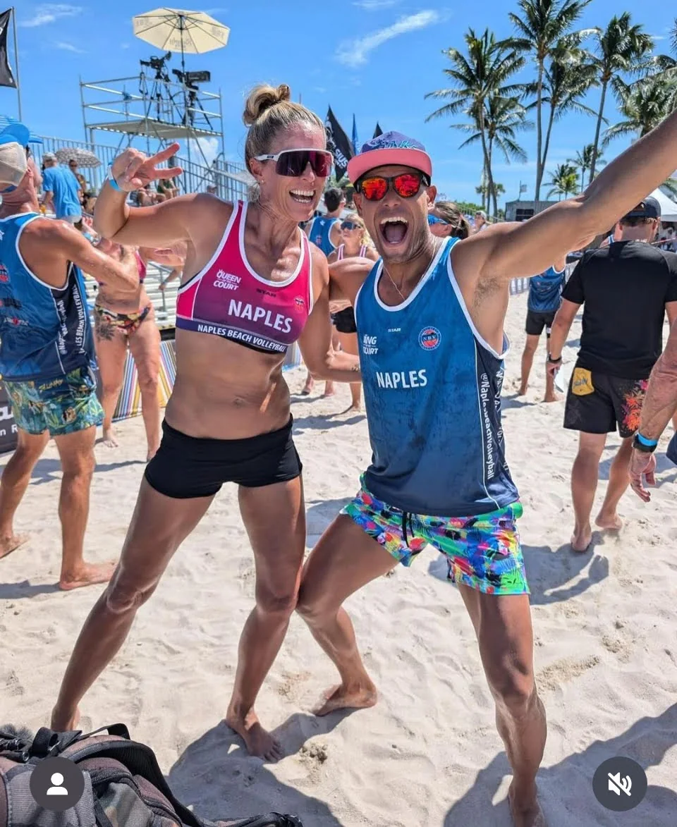 Naples Beach Volleyball players Sofie and Zee celebrating at a beach volleyball tournament in Naples, Florida